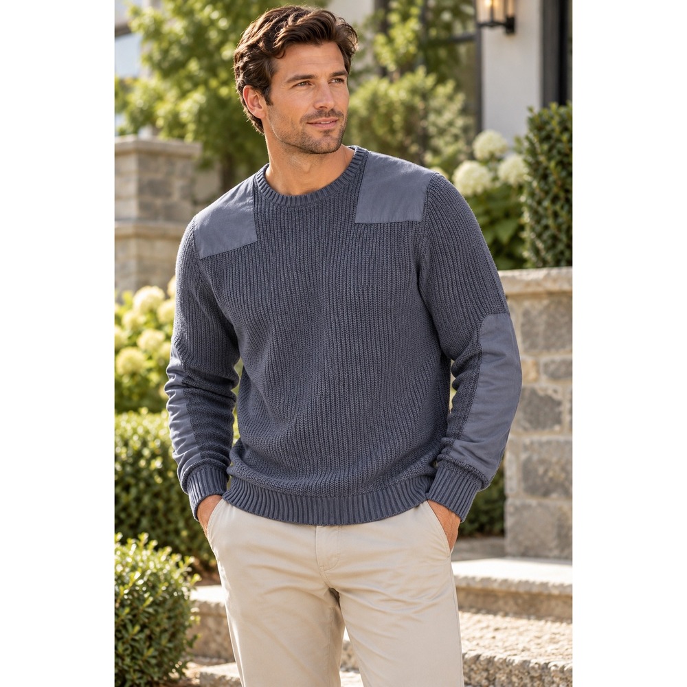 GOODTHREADS Crew Neck Sweater Gray Elbow Patch Ribbed Knit Cotton Men's Size L